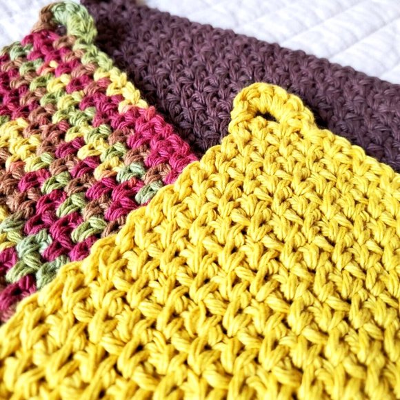 3 CROCHET DISHCLOTH WASHCLOTH 100% COTTON HANDMADE NEW Brown Yellow Green Fall - Picture 3 of 11